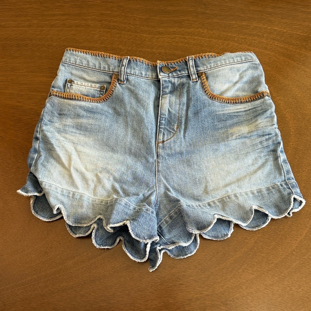 RED Valentino Light Blue Scalloped Jean Shorts